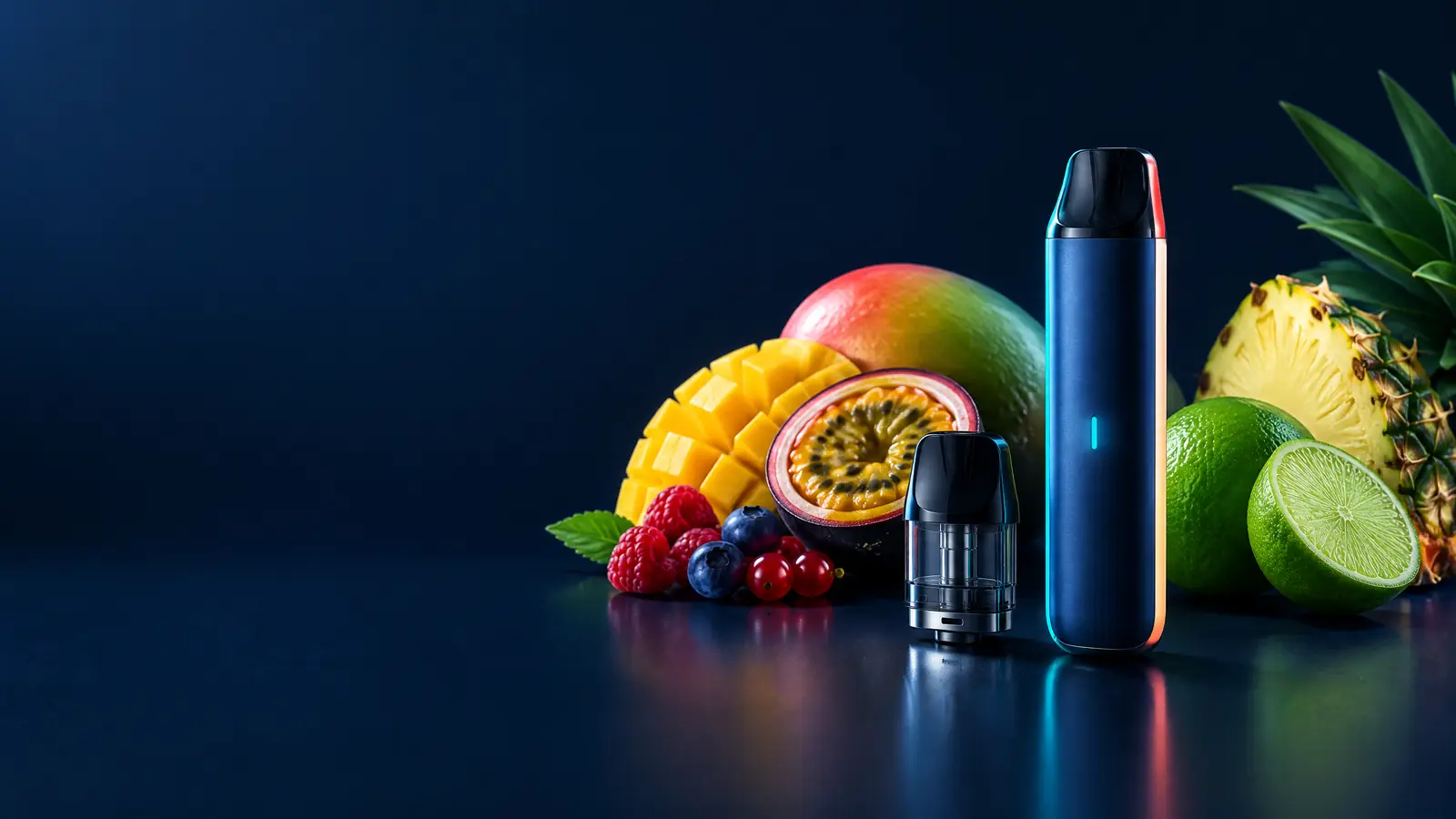 Dispositivo pod apagado y cartucho genérico junto a mango, maracuyá, frutos rojos, cítricos y piña sobre una superficie editorial oscura