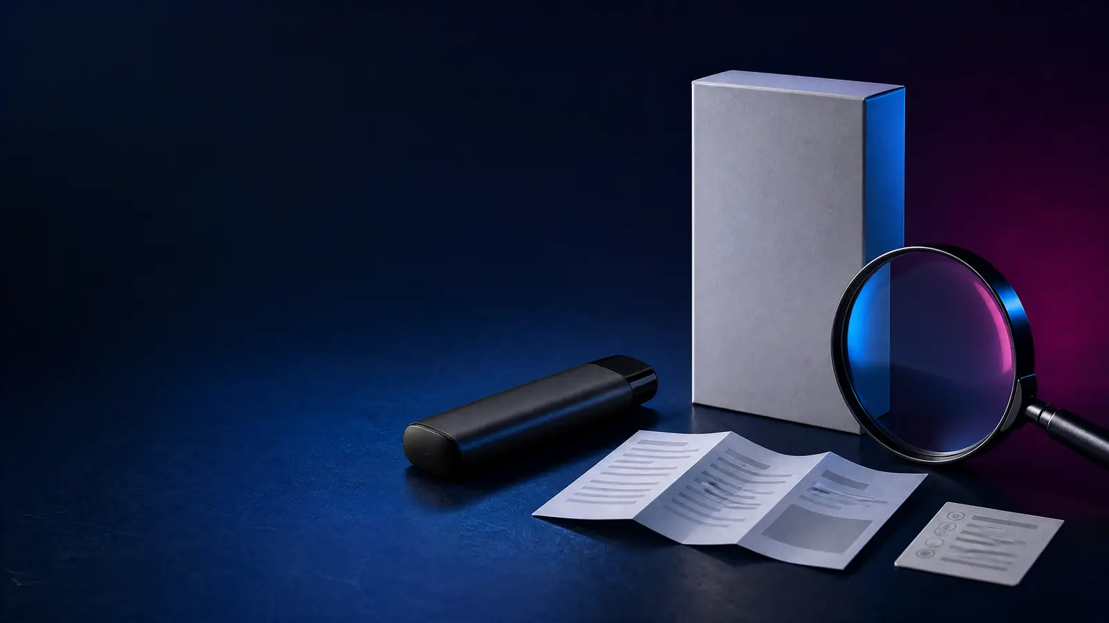 Dispositivo de vapeo apagado junto a una caja genérica, una lupa y una tarjeta de información sin texto legible